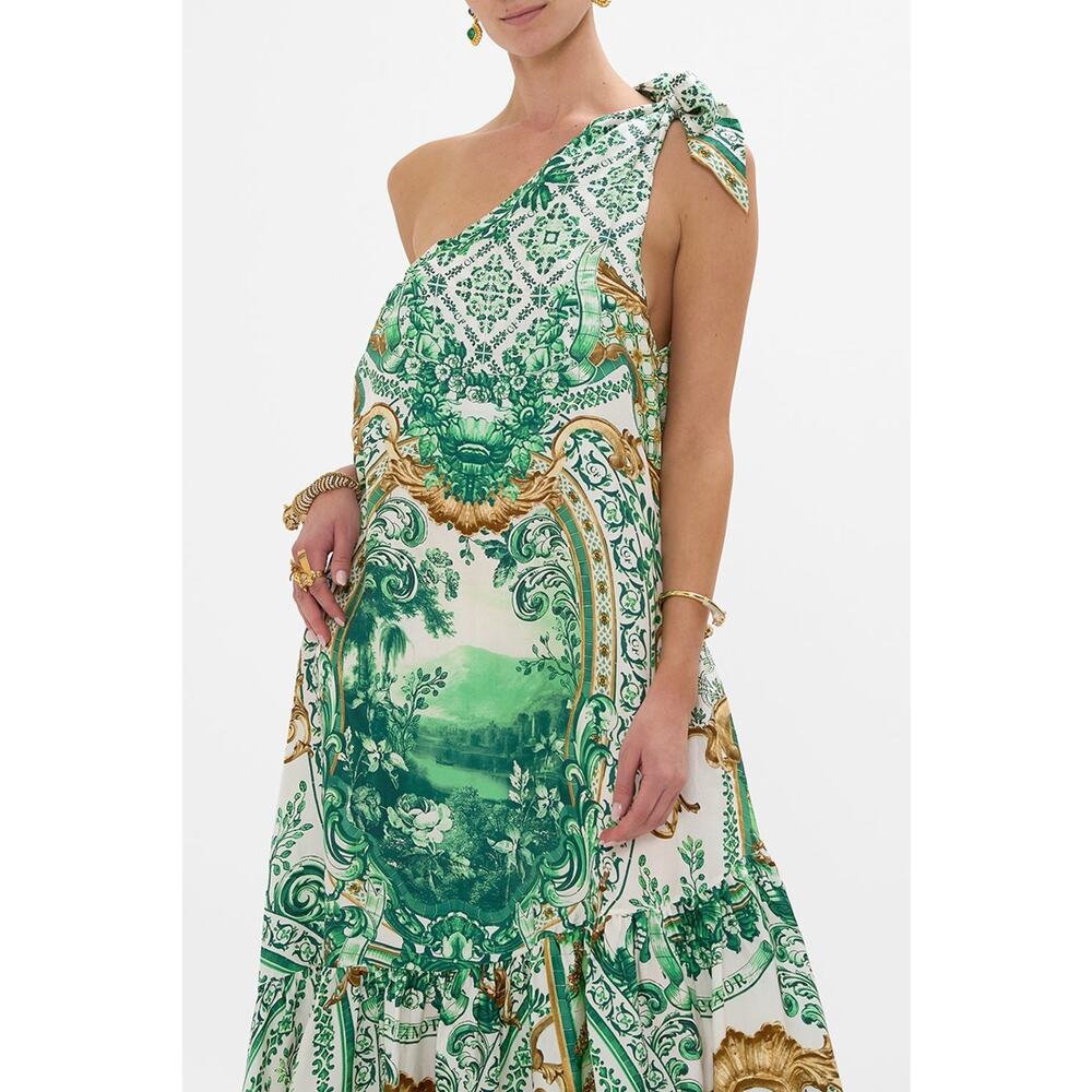 NWT Camilla Corridor Of Calm Green Silk One Shoulder Tie Maxi Dress sz M L - Picture 5 of 15